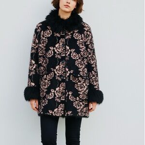 Black Rivet Womens Faux Fur Knit Cardigan Size Medium Black Beige Floral Shimmer